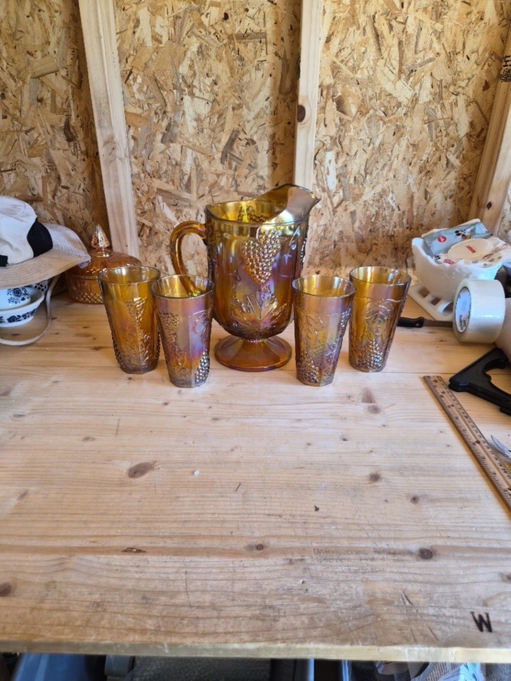 Indiana Glass Carnival Amber Grape Pitcher & 4 Tumblers 1970s Iridescent Barware
